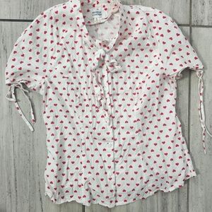Unique Vintage White Blouse with Red Heart Pattern